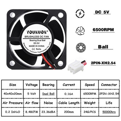 2 vnt. rutulinis 40 mm aušinimo ventiliatorius 40 x 40 x 20 mm aušintuvas 24 V 12 V 5 V 4020 kompiuterio korpuso aušinimo ventiliatorius 2 kontaktų 3 kontaktų aušintuvo ventiliatorius 3D spausdintuvo ventiliatorius