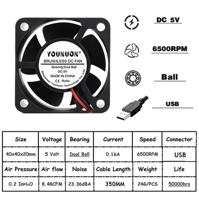 2 vnt. rutulinis 40 mm aušinimo ventiliatorius 40 x 40 x 20 mm aušintuvas 24 V 12 V 5 V 4020 kompiuterio korpuso aušinimo ventiliatorius 2 kontaktų 3 kontaktų aušintuvo ventiliatorius 3D spausdintuvo ventiliatorius
