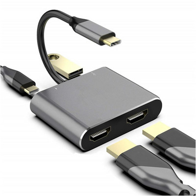 USB C адаптер за хъб 4K 60 Hz към двоен HDMI-съвместим екран за разширение тип C докинг станция за лаптоп Macbook, мобилен телефон, компютър