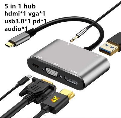 C tipo adapteris Hunderbolt 3 USB tipo C šakotuvas prie HD VGA 3,5 mm lizdo USB adapteris su C tipo maitinimu, skirtas MacBook Pro nešiojamajam telefonui