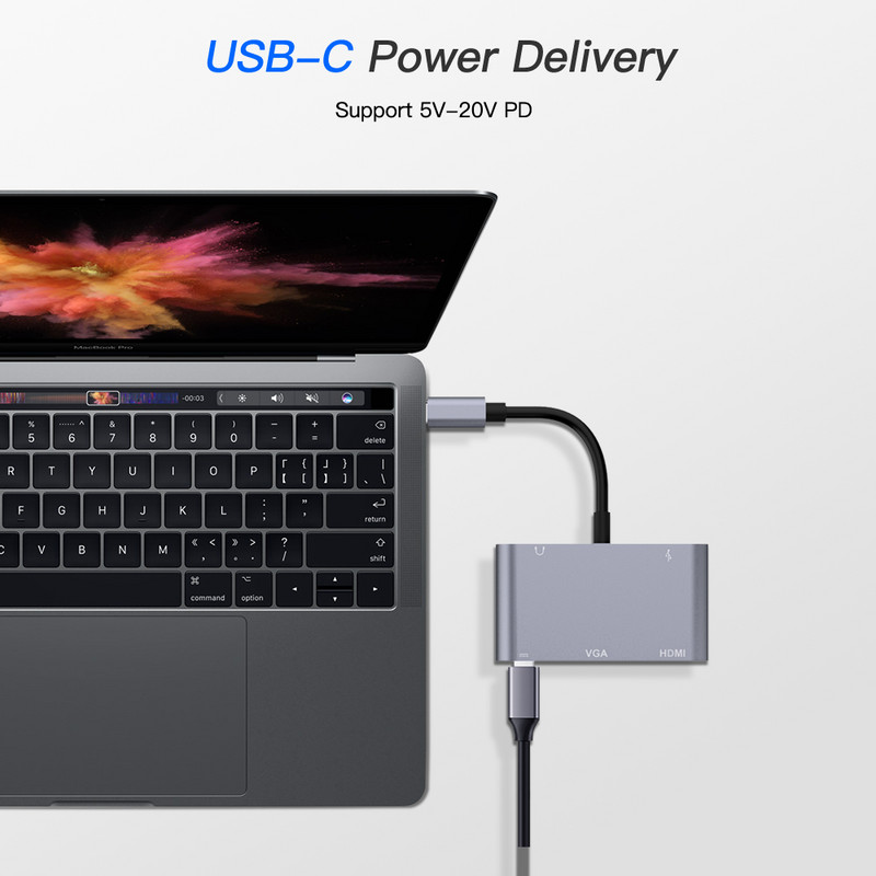 C tipo adapteris Hunderbolt 3 USB tipo C šakotuvas prie HD VGA 3,5 mm lizdo USB adapteris su C tipo maitinimu, skirtas MacBook Pro nešiojamajam telefonui