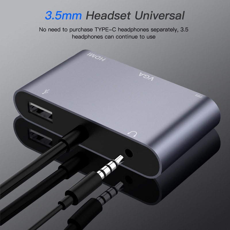 C tipo adapteris Hunderbolt 3 USB tipo C šakotuvas prie HD VGA 3,5 mm lizdo USB adapteris su C tipo maitinimu, skirtas MacBook Pro nešiojamajam telefonui