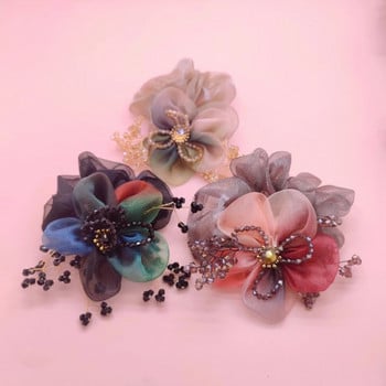 Нови аксесоари за цветя от органза Перлена вратовръзка за коса Еластична лента за коса Кристално въже за коса за дамски скрънчи Резинки Для Волос
