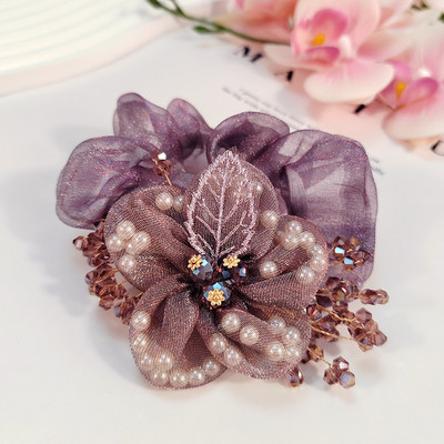 Nauji organzos gėlių aksesuarai Perlų plaukų kaklaraištis Elastinė plaukų juosta Krištolinė plaukų virvė moterims Резинки Для Волос