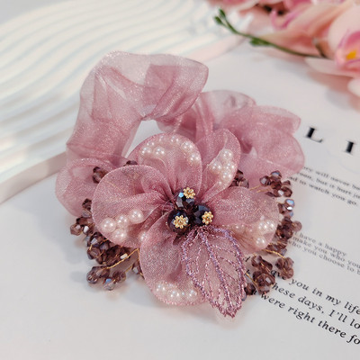 Nauji organzos gėlių aksesuarai Perlų plaukų kaklaraištis Elastinė plaukų juosta Krištolinė plaukų virvė moterims Резинки Для Волос