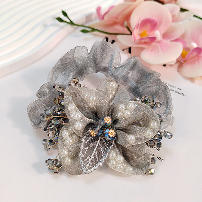 Nauji organzos gėlių aksesuarai Perlų plaukų kaklaraištis Elastinė plaukų juosta Krištolinė plaukų virvė moterims Резинки Для Волос