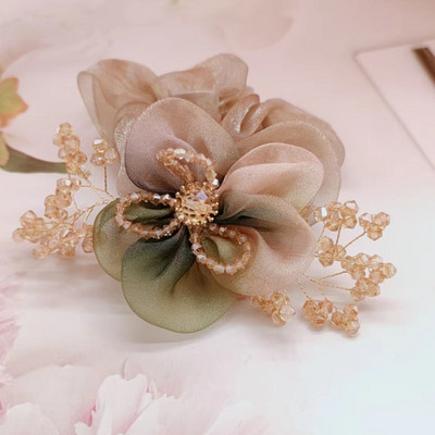 Nauji organzos gėlių aksesuarai Perlų plaukų kaklaraištis Elastinė plaukų juosta Krištolinė plaukų virvė moterims Резинки Для Волос