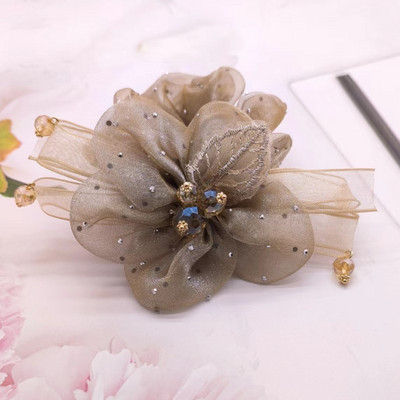 Nauji organzos gėlių aksesuarai Perlų plaukų kaklaraištis Elastinė plaukų juosta Krištolinė plaukų virvė moterims Резинки Для Волос