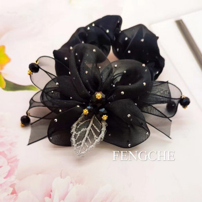 Nauji organzos gėlių aksesuarai Perlų plaukų kaklaraištis Elastinė plaukų juosta Krištolinė plaukų virvė moterims Резинки Для Волос