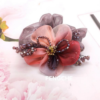 Nauji organzos gėlių aksesuarai Perlų plaukų kaklaraištis Elastinė plaukų juosta Krištolinė plaukų virvė moterims Резинки Для Волос