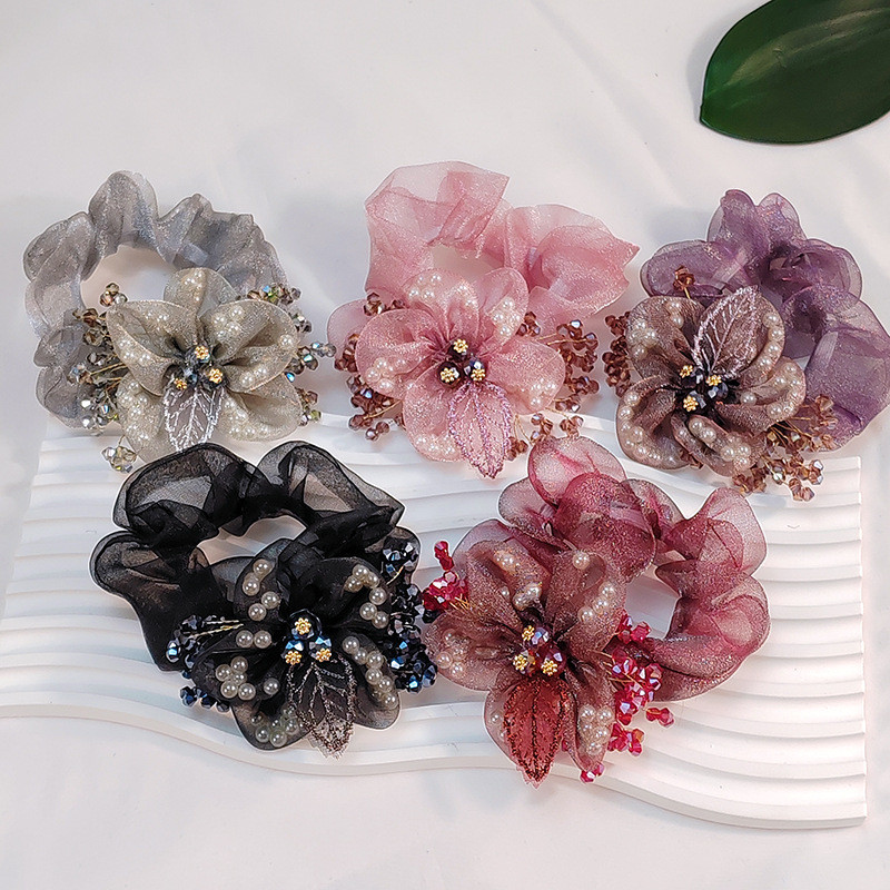 Nauji organzos gėlių aksesuarai Perlų plaukų kaklaraištis Elastinė plaukų juosta Krištolinė plaukų virvė moterims Резинки Для Волос