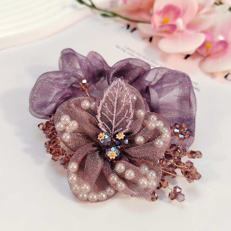 Nauji organzos gėlių aksesuarai Perlų plaukų kaklaraištis Elastinė plaukų juosta Krištolinė plaukų virvė moterims Резинки Для Волос