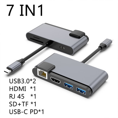 7 in 1 USB Type C HUB HD USB 3.0 RJ45 Audio 3.5MM HDMI dokkijaam USB-C arvuti sülearvutile MacBook Pro Air Splitter