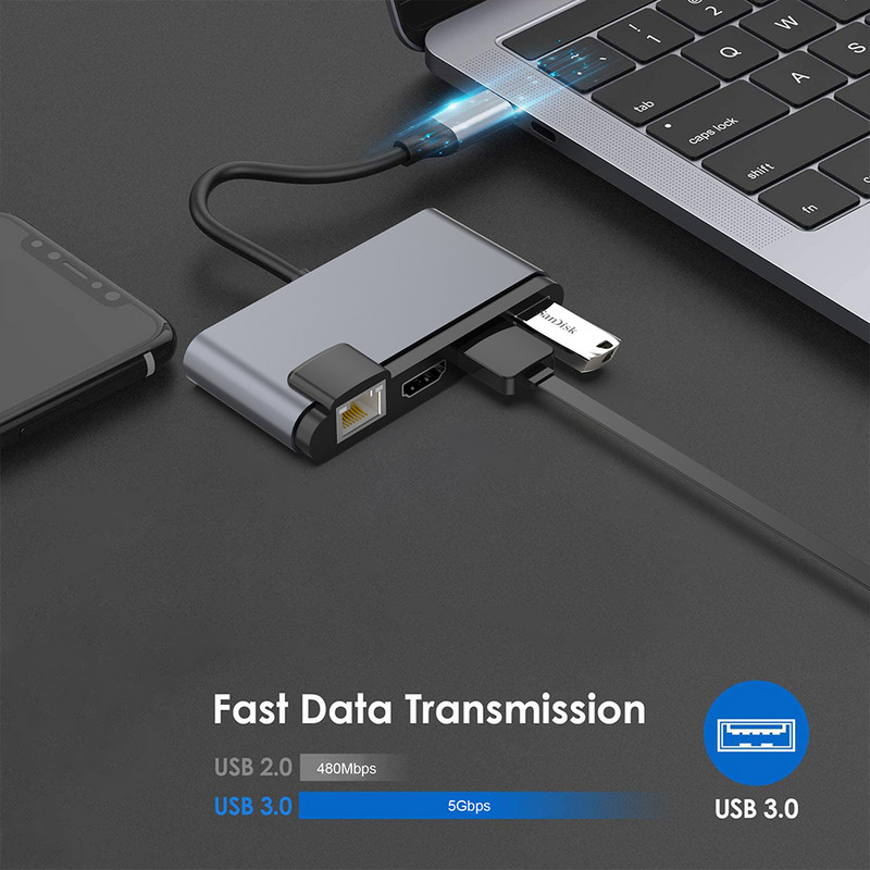 7 in 1 USB Type C HUB HD USB 3.0 RJ45 Audio 3.5MM HDMI dokkijaam USB-C arvuti sülearvutile MacBook Pro Air Splitter