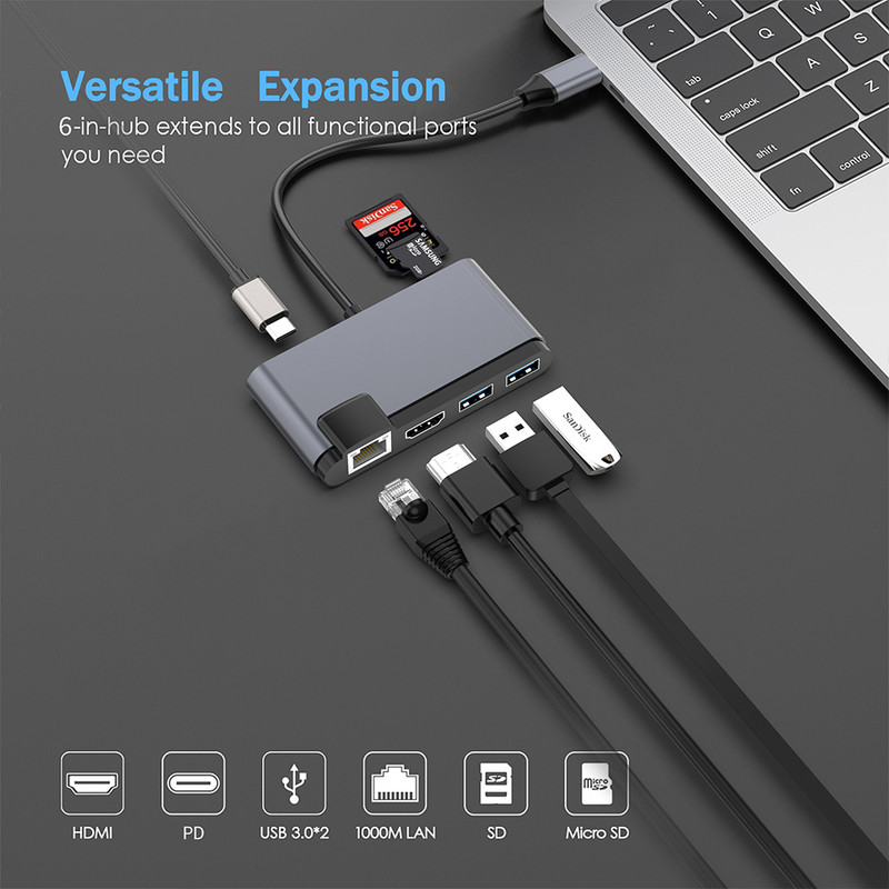 7 in 1 USB Type C HUB HD USB 3.0 RJ45 Audio 3.5MM HDMI dokkijaam USB-C arvuti sülearvutile MacBook Pro Air Splitter