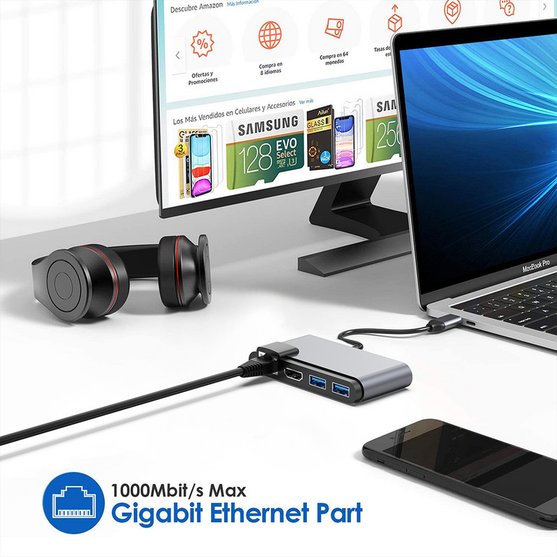 7 in 1 USB Type C HUB HD USB 3.0 RJ45 Audio 3.5MM HDMI dokkijaam USB-C arvuti sülearvutile MacBook Pro Air Splitter