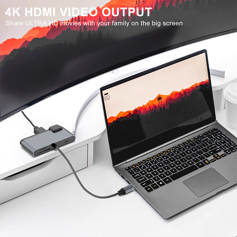7 in 1 USB Type C HUB HD USB 3.0 RJ45 Audio 3.5MM HDMI dokkijaam USB-C arvuti sülearvutile MacBook Pro Air Splitter