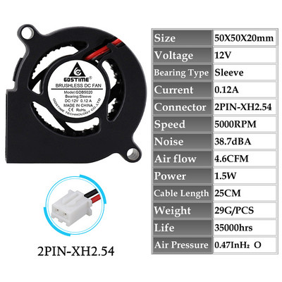 2Pcs Gdstime 50MM 5020 ventilator DC bez četkica, centrifugalni radijalni hladnjak ventilator 5V 12V 24V dvostruka kugla 50x20MM turbinski ventilator