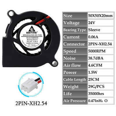 2 vnt Gdstime 50MM 5020 pūtiklis DC be šepetėlių išcentrinio radialinio aušintuvo ventiliatorius 5V 12V 24V dvigubas rutulinis 50x20mm turbininis ventiliatorius