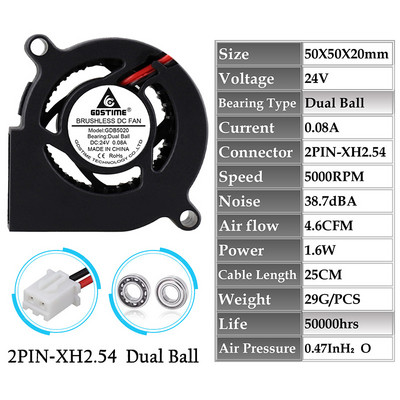 2 vnt Gdstime 50MM 5020 pūtiklis DC be šepetėlių išcentrinio radialinio aušintuvo ventiliatorius 5V 12V 24V dvigubas rutulinis 50x20mm turbininis ventiliatorius