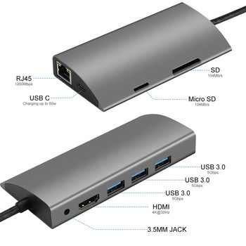HUB Type C USB 3.0 Προσαρμογέας 4K RJ45 συμβατός με HDMI 9 σε 1 σταθμός σύνδεσης τύπου C για φορητό υπολογιστή Macbook Air iPad Pro USB-C