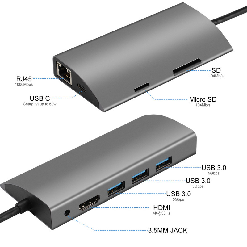 HUB Type C USB 3.0 su HDMI suderinamas 4K RJ45 adapteris 9 in 1 Type-C prijungimo stotis, skirta nešiojamajam kompiuteriui Macbook Air iPad Pro USB-C