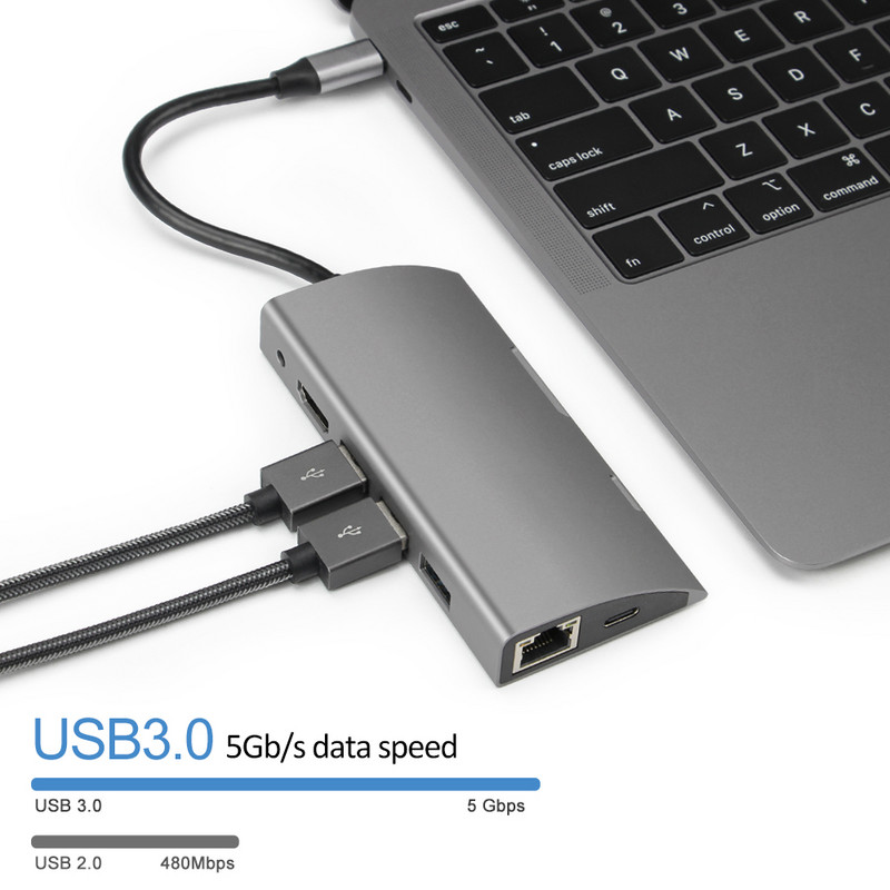 HUB Type C USB 3.0 su HDMI suderinamas 4K RJ45 adapteris 9 in 1 Type-C prijungimo stotis, skirta nešiojamajam kompiuteriui Macbook Air iPad Pro USB-C