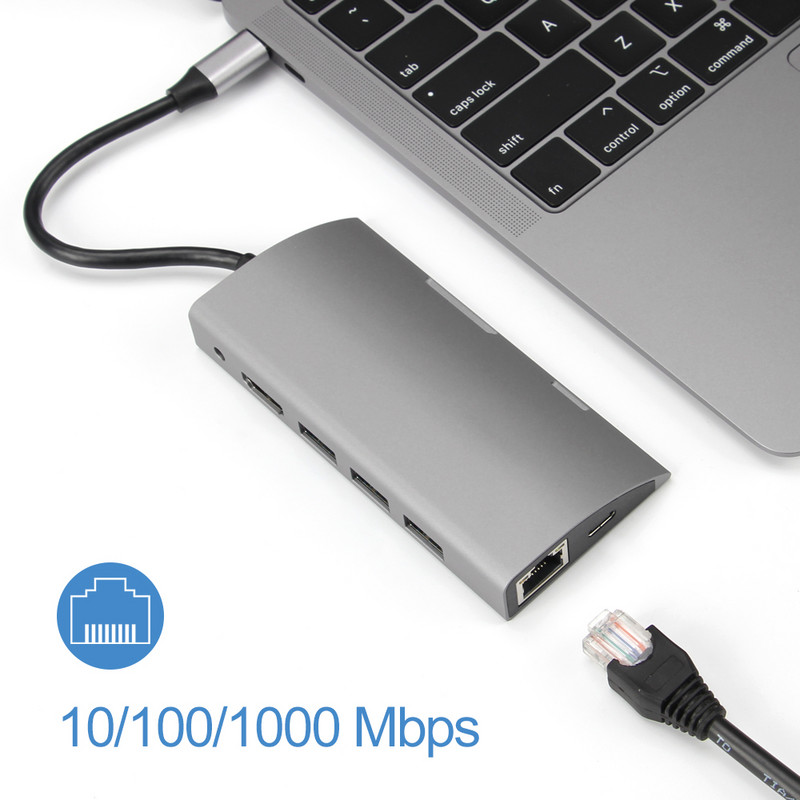 HUB Type C USB 3.0 su HDMI suderinamas 4K RJ45 adapteris 9 in 1 Type-C prijungimo stotis, skirta nešiojamajam kompiuteriui Macbook Air iPad Pro USB-C