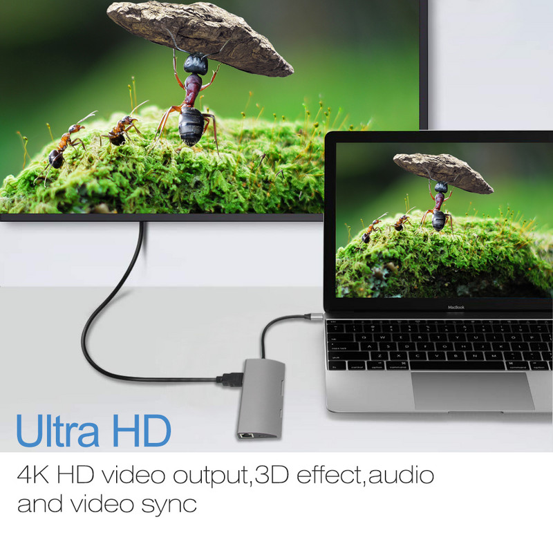 HUB Type C USB 3.0 su HDMI suderinamas 4K RJ45 adapteris 9 in 1 Type-C prijungimo stotis, skirta nešiojamajam kompiuteriui Macbook Air iPad Pro USB-C