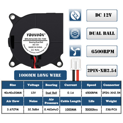 2 buc. ventilator pentru imprimantă 3D 40mm 4020 Turbo suflantă 24V 12V 5V Manșon cu bilă dublă Ventilatoare de răcire 40x40x20mm pentru răcitor imprimante 3D
