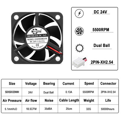 2vnt SXDOOL 50mm mini aušinimo ventiliatorius 5cm DC 12V 24V 2Pin 5020 50x50x20mm dvigubo rutulinio guolio rankovės guolis Mini aušintuvas aušinimo ventiliatorius