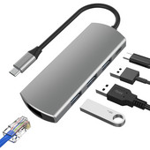 5 viename USB C šakotuvas 3.0 adapterio kortelių skaitytuvas USB-C skirstytuvas nešiojamiesiems kompiuteriams Macbook Pro RJ45 USB 3.0 šakotuvas, skirtas asmeninio kompiuterio prijungimo stočiai