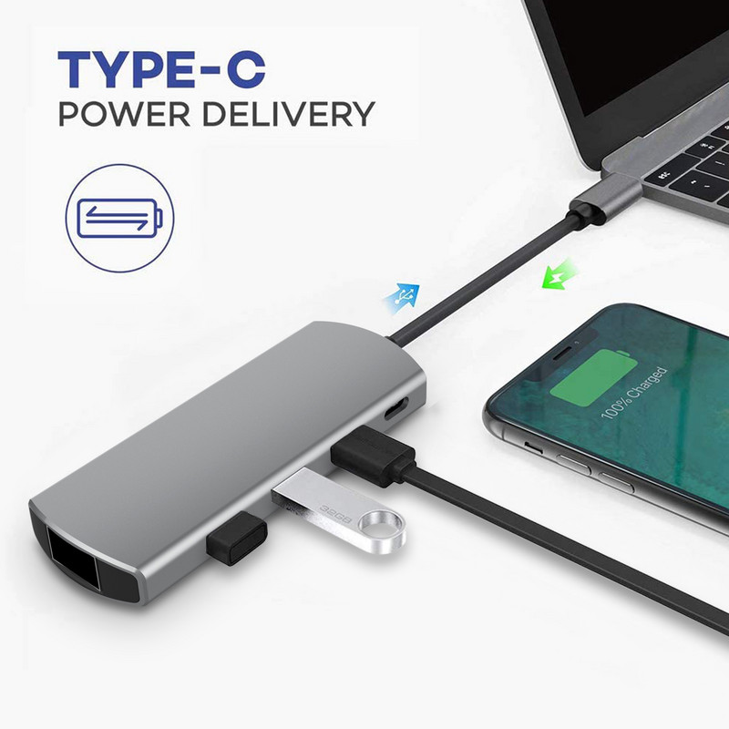 5 viename USB C šakotuvas 3.0 adapterio kortelių skaitytuvas USB-C skirstytuvas nešiojamiesiems kompiuteriams Macbook Pro RJ45 USB 3.0 šakotuvas, skirtas asmeninio kompiuterio prijungimo stočiai