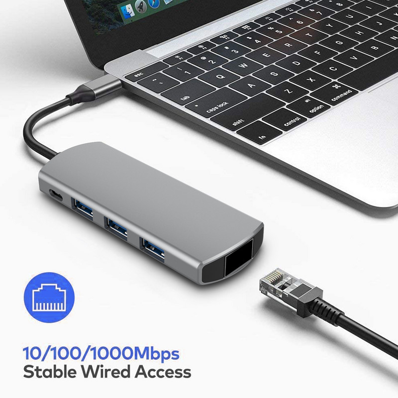 5 viename USB C šakotuvas 3.0 adapterio kortelių skaitytuvas USB-C skirstytuvas nešiojamiesiems kompiuteriams Macbook Pro RJ45 USB 3.0 šakotuvas, skirtas asmeninio kompiuterio prijungimo stočiai