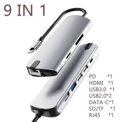 9 в 1 докинг станция Type C USB 3.0 2.0 HDMI-съвместим RJ45 PD VGA многопортов адаптер Type-C HUB за Macbook Air Pro Notebook