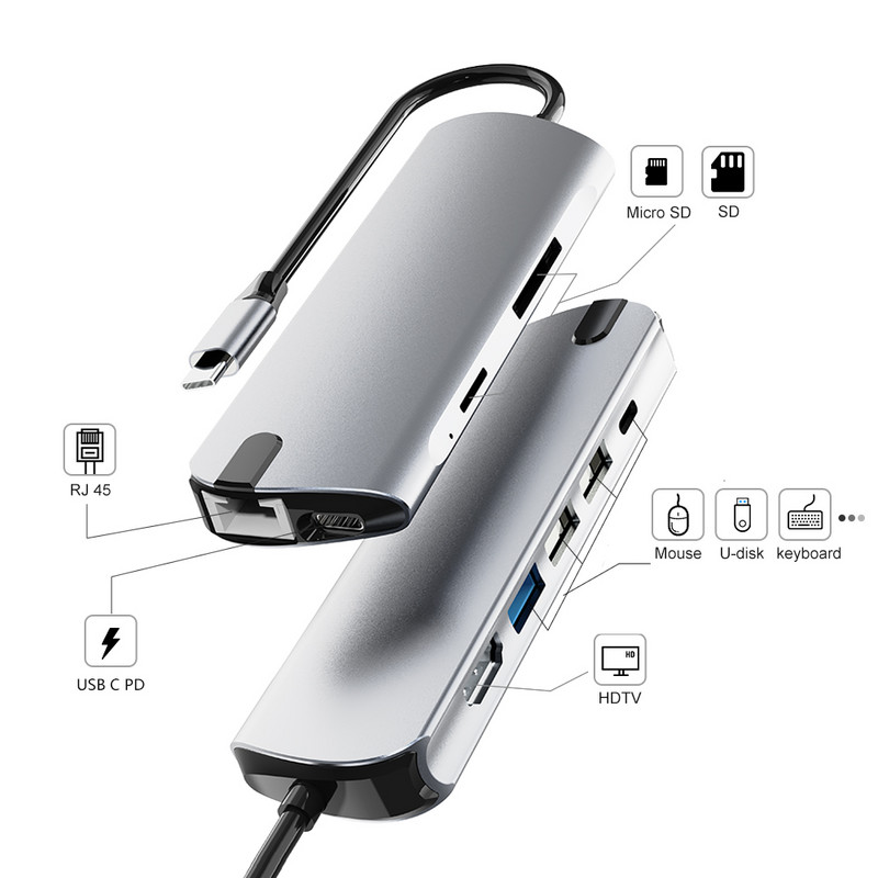Βάση σύνδεσης 9 σε 1 Τύπος C USB 3.0 2.0 συμβατός με HDMI RJ45 PD VGA Προσαρμογέας πολλαπλών θυρών Type-C HUB για Macbook Air Pro Notebook