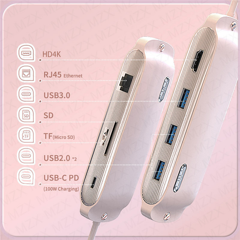 8 az 1-ben dokkolóállomás USB-elosztó dokkoló 4K osztóbővítő HDTV 100M RJ45 SD TF kártyaolvasó PD 100W 3 0 C 3.0 koncentrátor