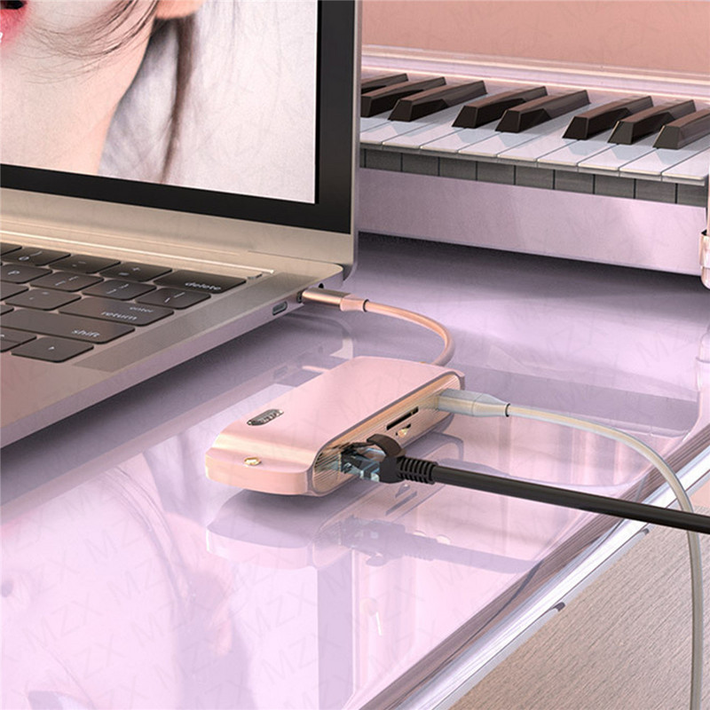 8 az 1-ben dokkolóállomás USB-elosztó dokkoló 4K osztóbővítő HDTV 100M RJ45 SD TF kártyaolvasó PD 100W 3 0 C 3.0 koncentrátor