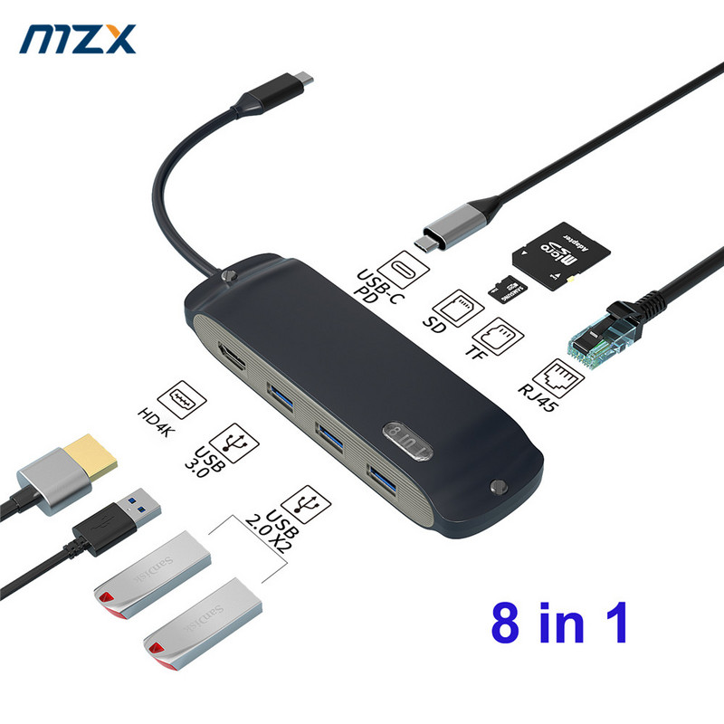 8 az 1-ben dokkolóállomás USB-elosztó dokkoló 4K osztóbővítő HDTV 100M RJ45 SD TF kártyaolvasó PD 100W 3 0 C 3.0 koncentrátor