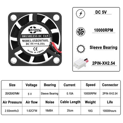 2 τμχ 2Pin 2507 2,5cm 25x25x7mm λεπτός 25mm DC 5V 12V Micro Cooler Cooling Fans Cooler Brushless Chipset Mini Cooling Fan