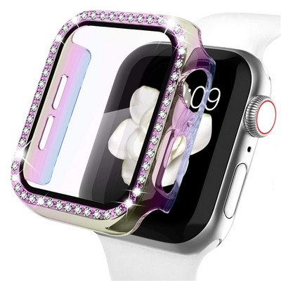 Stiklas + laikrodžio dangtelis, skirtas Apple Watch 45mm 41mm 40mm 44mm 38mm 42mm Bling Case Deimantinė buferio apsauga, skirta iwatchSE 8 7 6 5 4 3 2 1
