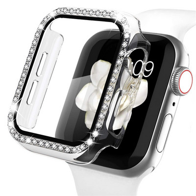 Stiklas + laikrodžio dangtelis, skirtas Apple Watch 45mm 41mm 40mm 44mm 38mm 42mm Bling Case Deimantinė buferio apsauga, skirta iwatchSE 8 7 6 5 4 3 2 1