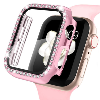 Stiklas + laikrodžio dangtelis, skirtas Apple Watch 45mm 41mm 40mm 44mm 38mm 42mm Bling Case Deimantinė buferio apsauga, skirta iwatchSE 8 7 6 5 4 3 2 1