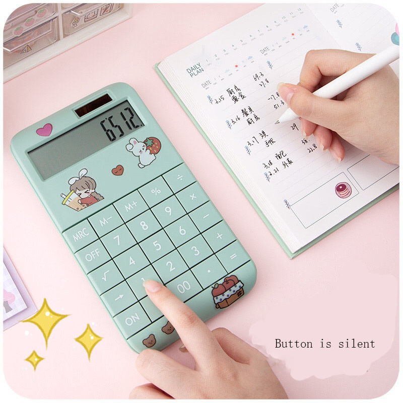 Cute Cartoon Calculator Fashion Student Portable Calculator Small Solar Financial Cashier Girl 12-bit Computer Dual Power System
