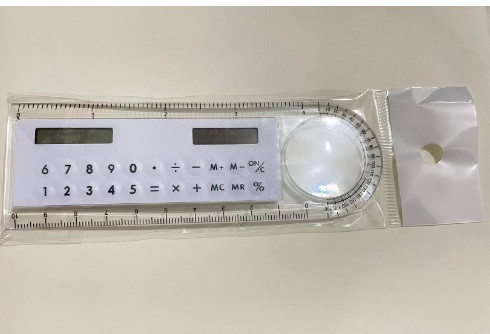 1 mini saulės skaičiuotuvas, daugiafunkcis didinamasis stiklas, 10 cm itin plonas liniuotės skaičiuotuvas, mokykliniai biuro reikmenys, 5 spalvos
