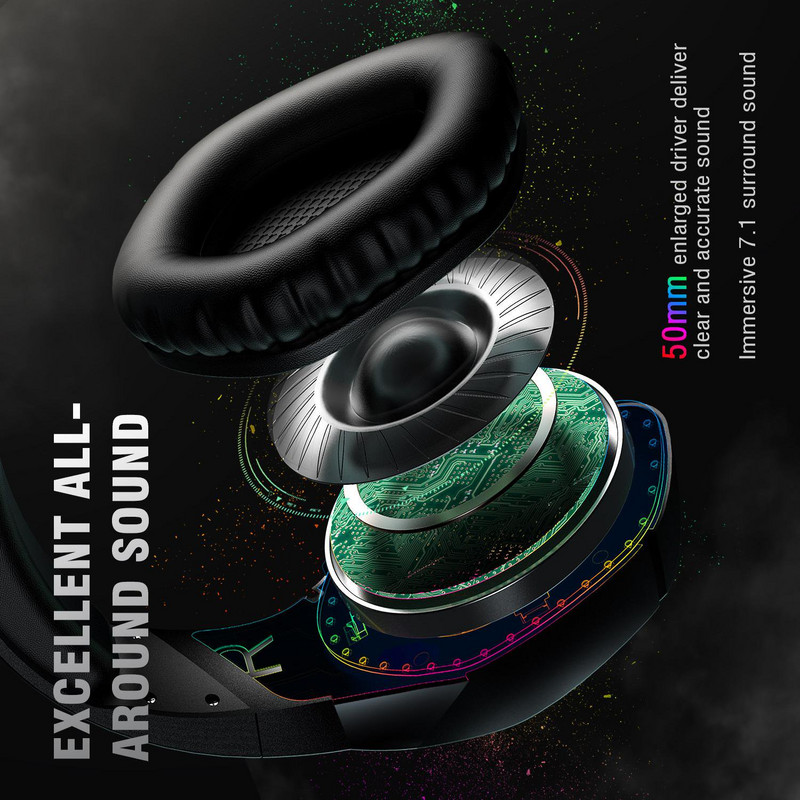 RGB laidinės žaidimų ausinės 3,5 mm Plug Gamer ausinės su 7.1 erdviniu garsu, skirtos asmeniniam kompiuteriui nešiojamam kompiuteriui PS4 PS5 XBox jungiklis