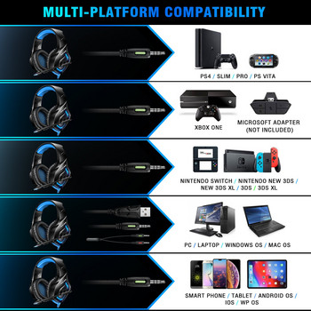 RUNMUS K1B Ενσύρματα ακουστικά gaming 3,5mm Surround Sound Overear LED RGB Ακουστικά με μικρόφωνο PC Laptop PS5 Gamer