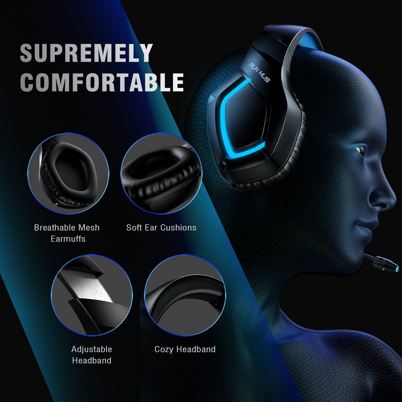 RUNMUS K1B laidinės žaidimų ausinės 3,5 mm erdvinis garsas Overear LED RGB ausinės su mikrofonu PC nešiojamasis kompiuteris PS5 žaidėjas