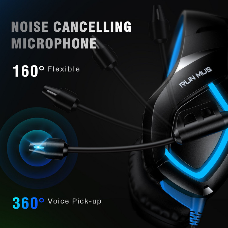 RUNMUS K1B laidinės žaidimų ausinės 3,5 mm erdvinis garsas Overear LED RGB ausinės su mikrofonu PC nešiojamasis kompiuteris PS5 žaidėjas