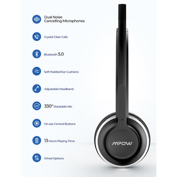 Mpow HC3 Bluetooth 5.0 Слушалки Двоен шумопотискащ микрофон Прозрачни безжични и кабелни слушалки За компютър Лаптоп Телефони в кол център